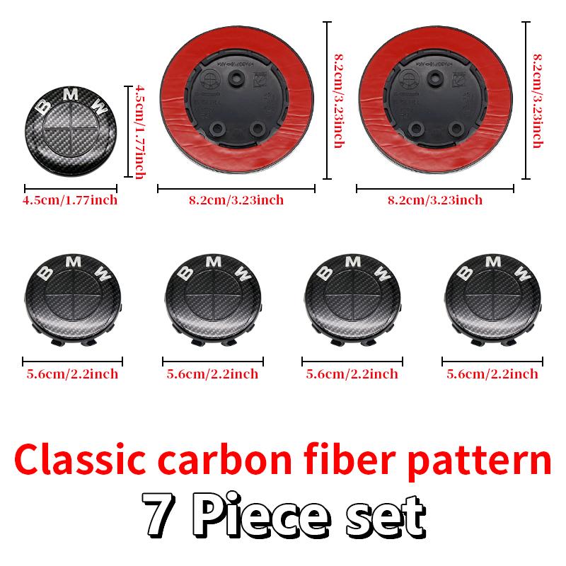 For BMW E46 82mm Hood F10 74mm Trunk Emblem 7Pcs Full Black Carbon Fiber Badge Set E90 68mm Wheel F30 Steering G20 X5 M4 Auto