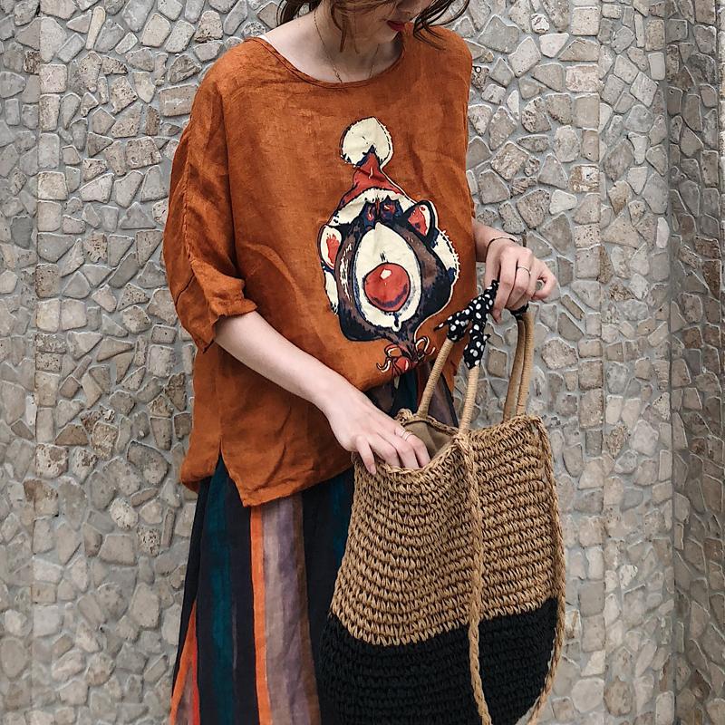 DIMANAF 2025 Women Summer Linen Bat T-shirt Shirt Printed Pattern Blouse Short Sleeve Fashion Tops Tees Loose Tees New