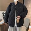 Unisex Oversized Diamond Plaid Cotton Jacket, Autumn/Winter, Stand-up Collar, Baseball Style, Thickened Korean Design.