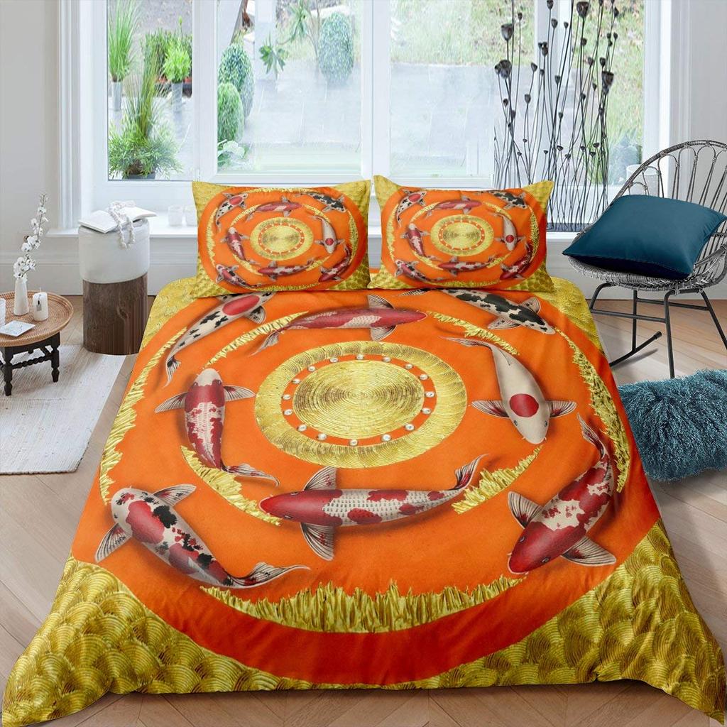 Koi Fish Duvet Cover Set King Queen Size Lucky Fish  Flowers Colourful 3D Print Comforter Cover for Kids Polyester Bedding Set