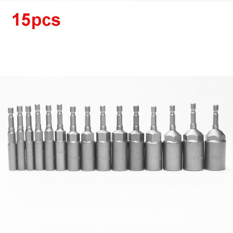 15Piece 80Mm Length Deepen Power Nut Driver Drill Bit Set 5.5-19MM Gray-Black for Power Tools 6.35MM Hex Shank Hand Tools