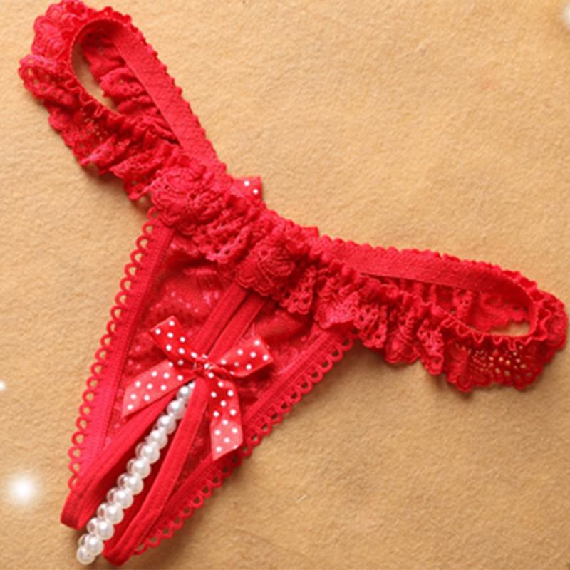 Erotische Höschen Sexy schrittoffene Damen-Mini-Tangas mit Perlenspitze, transparentem Netzstoff, Rüschen-Tangas, floral bestickter Schleifenknoten-G-String