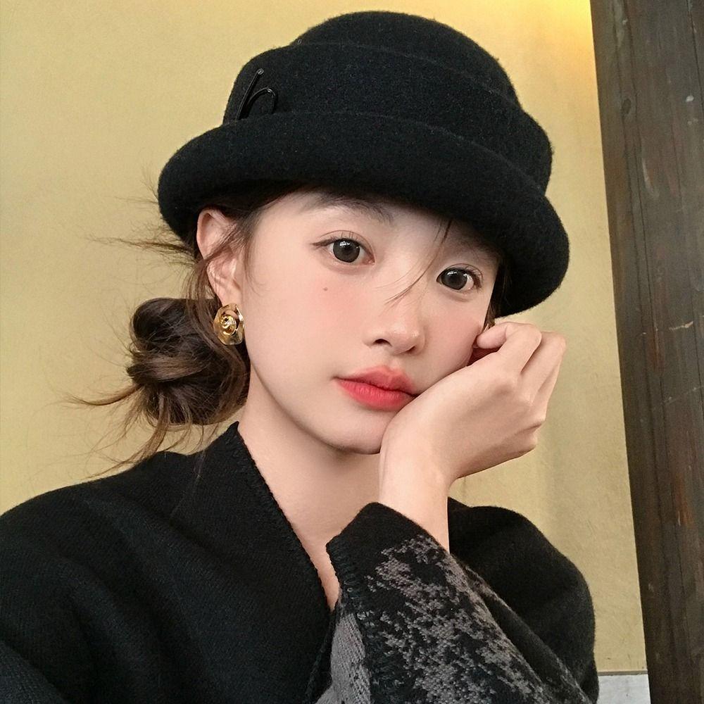 Bow Woolen Bucket Hat Camellia Flower Women Formal hat Retro Wool Fisherman Hat  Travel