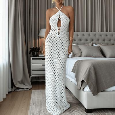Solid-color Design Sense Cut-out Knitted Dress, Sleeveless Backless Lace-up, Beach Vacation Long Body-hugging Dress for Women
