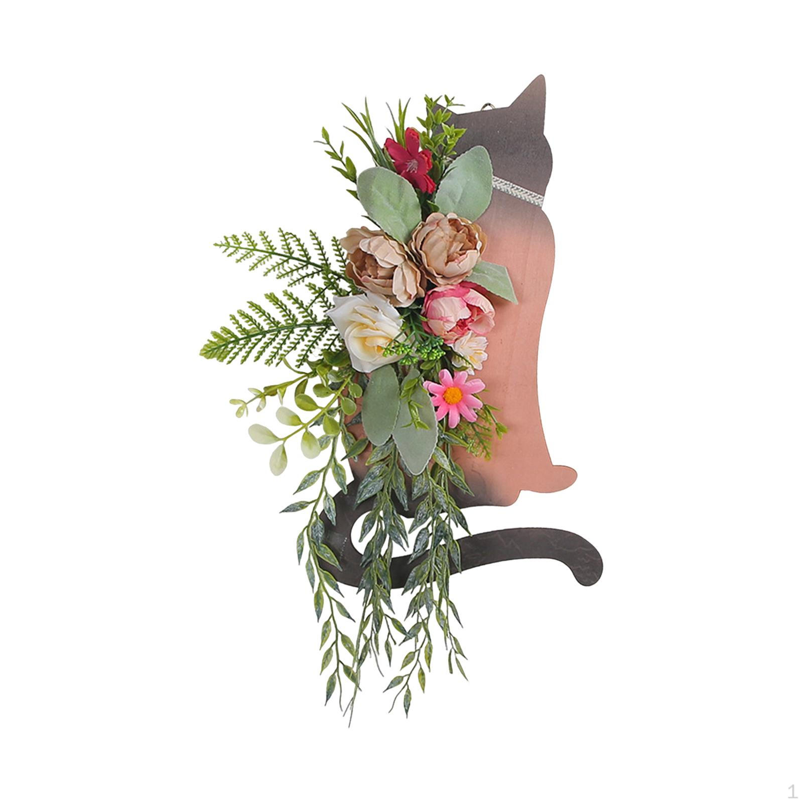 Front Door Garland, 25x40cm Swag Ornament Artificial Flower Wreath Cat Wooden Sign for