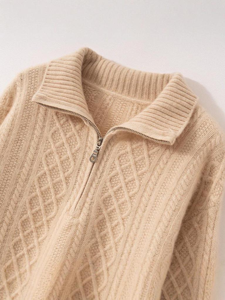 2025 Autumn/Winter Blue Slimming Cable Knit Cashmere Sweater with Lapel and Half-Zip