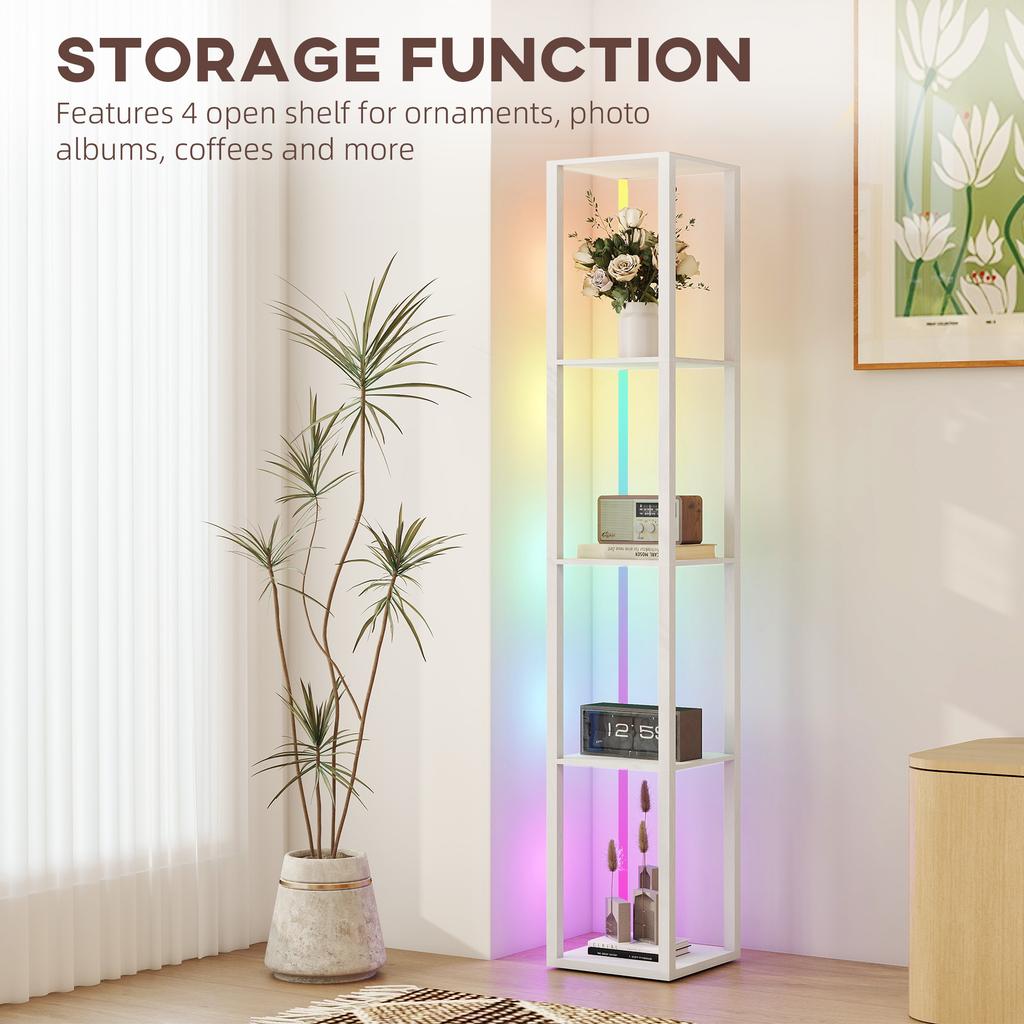 RGB LED Floor Lamp with Shelves, Modern Dimmable Standing Lamp with Remote Control, Adjustable Brightness & Speed for Living Room, Bedroom, Office