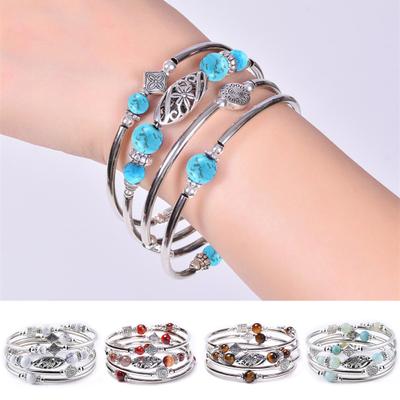 Frauen Armreif Natursteine ​​Ethnisch Mehrschichtig Retro Blau Türkis Perlen Wickelarmband Schmuck Zubehör