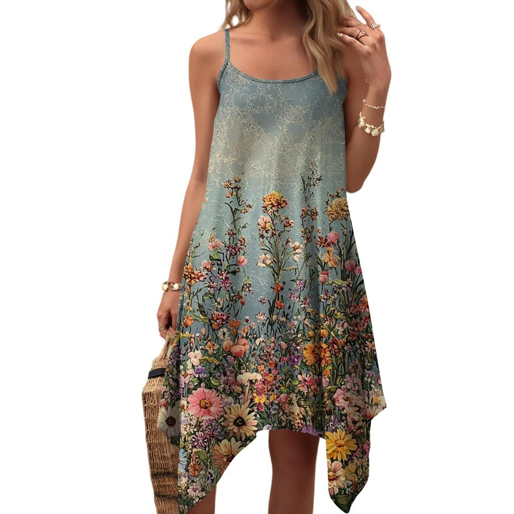Dam sommar vardaglig vintage blommig tryck rund hals justerbar hängselklänning med fickor