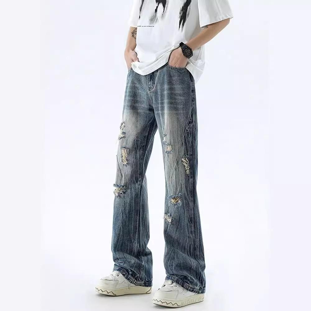 

JYL Men s Straight Jeans High-Street Ripped Summer American Heavy Washed Wide-Leg Denim 3XL безодня