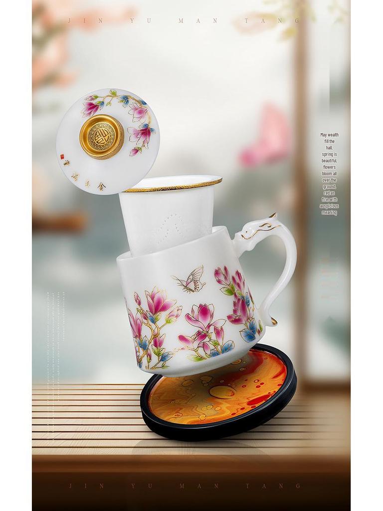 Golden Jade Ceramic Tea Cup with Lid & Filter - Large Capacity Office & Gift Cup