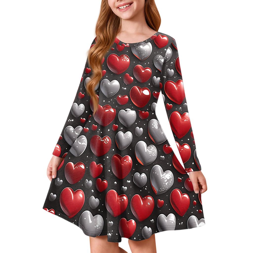 Sommer-Prinzessinenkleid für Mädchen - Langärmeliges A-Linien-T-Shirt-Kleid Valentinstag