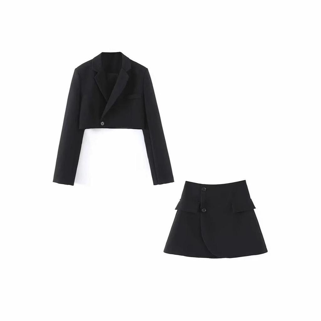Women's Retro Street Style Suit Jacket & High-Waisted Irregular Midi Slim Skirt Set