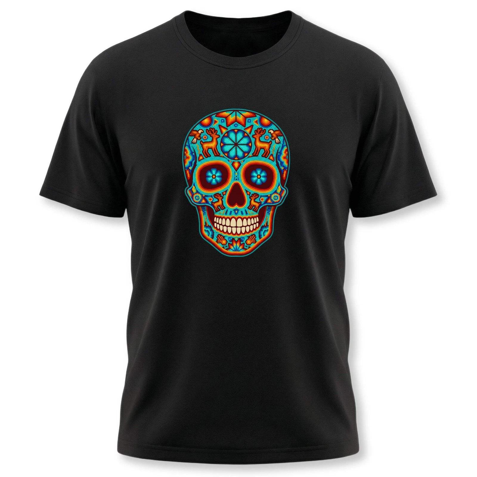 Colorful Huichol Sugar Skull T-Shirt | Mexican Folk Art Calavera Tee Shirt M