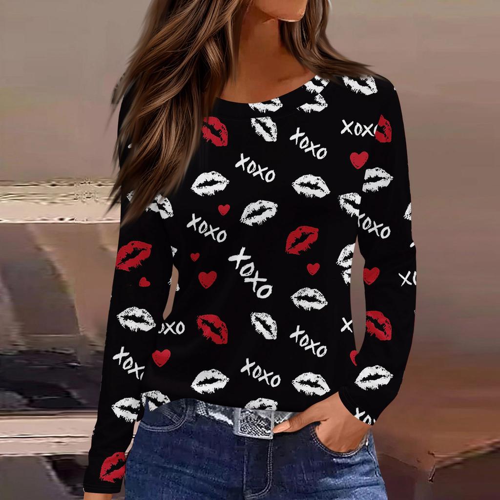 Women's Fashionable Long-Sleeved Round Neck Top with Slit Hem and Valentine's Day Heart Print