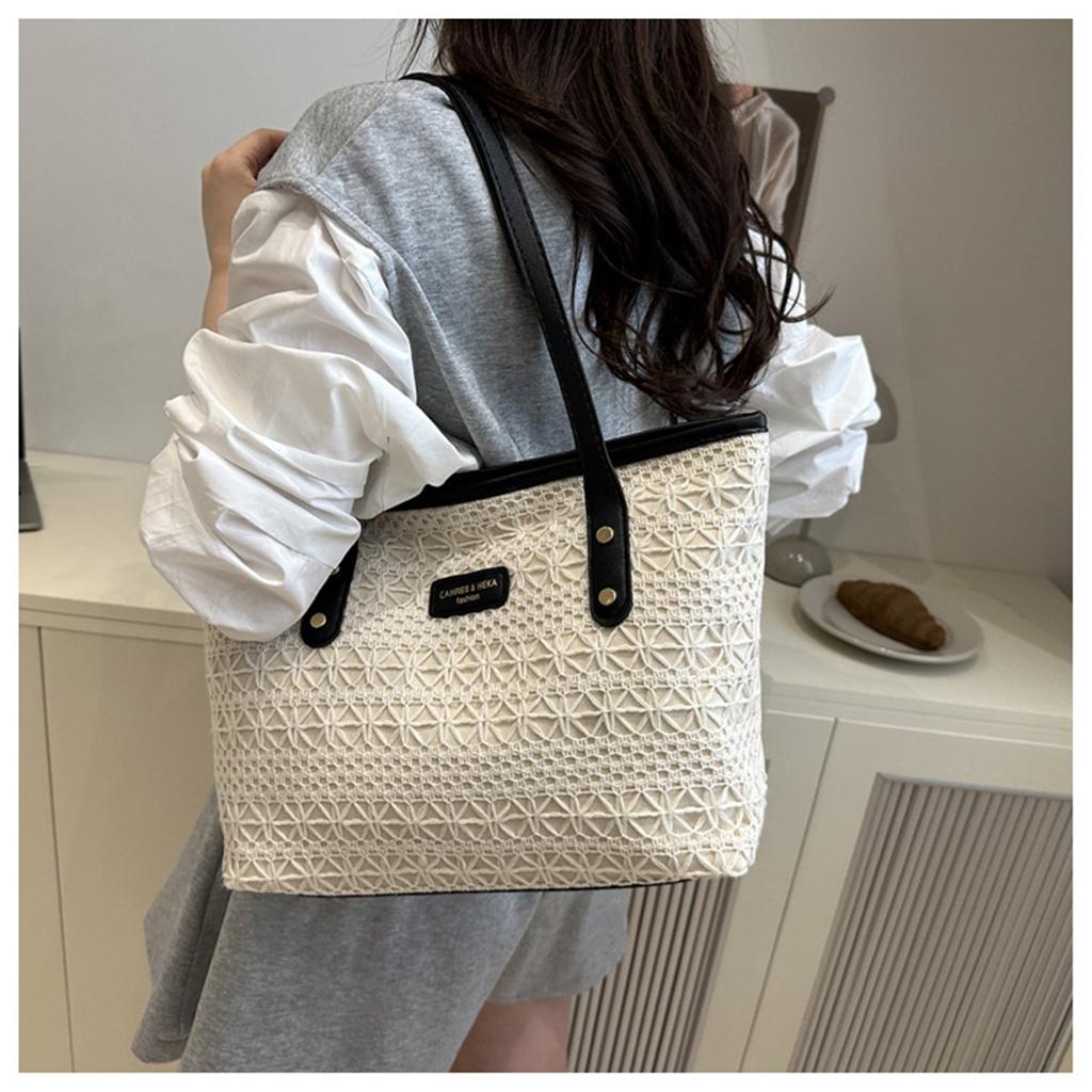 Frisches Temperament Modedesign Ozeanisches Colorblocking Strohstruktur Einzelne Schulter Achseltasche Damen