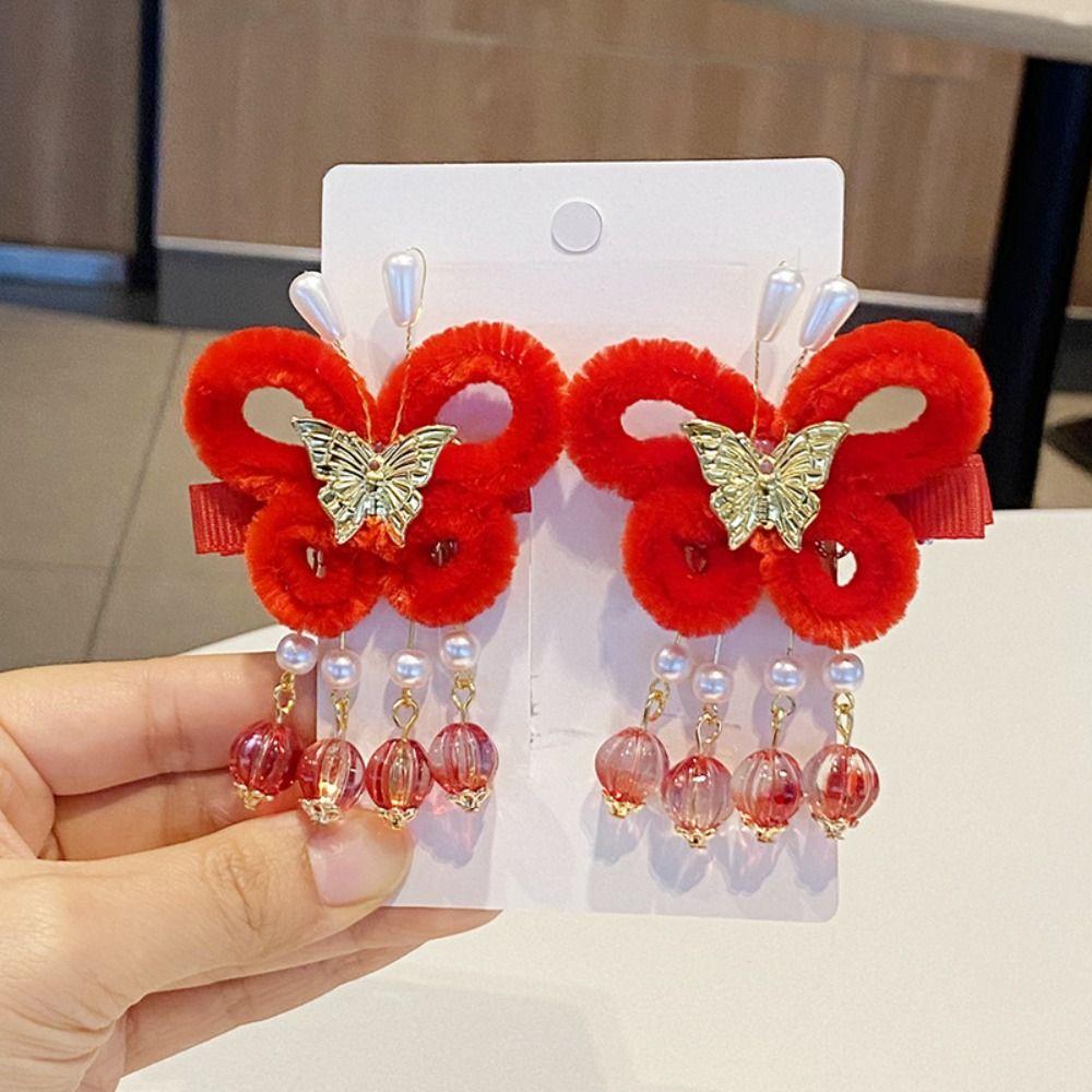 Hair Accessories Children New Year Hairpin Hanfu Headdress Red Bow Hair Clip  Children