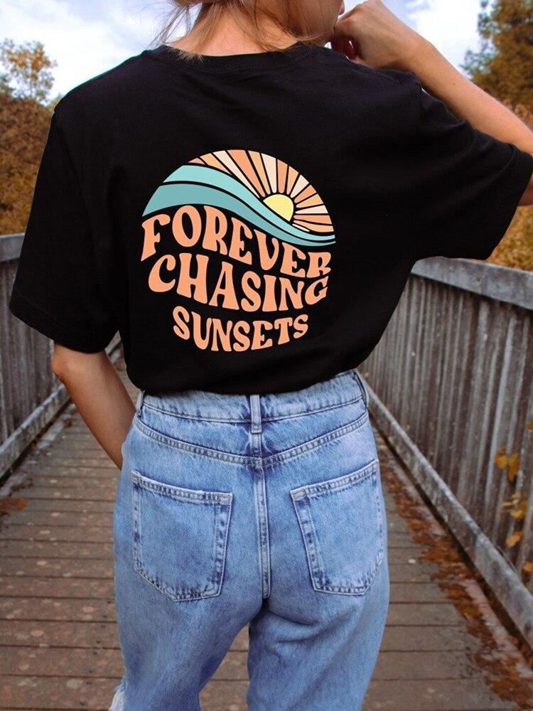 

Женские хлопковые футболки с короткими рукавами и принтом Forever Chasing Sunset в стиле хип-хоп, модная женская футболка с круглым вырезом, одежда XXL чёрный