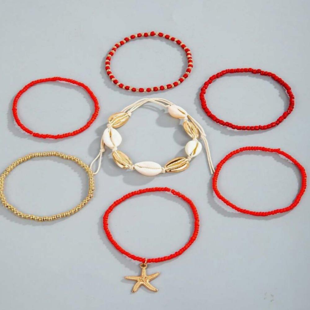 7pcs Stretch Holiday Starfish Multi-layer Anklet Charm Beach Jewelry