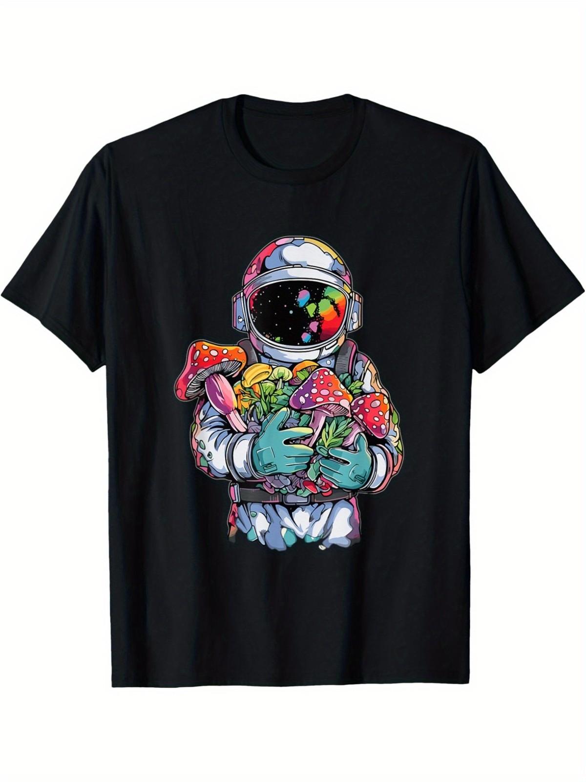 Men s Fungi Fun Guy T-Shirt - Colorful Astronaut & Mushrooms Graphic, 100% S разноцветный