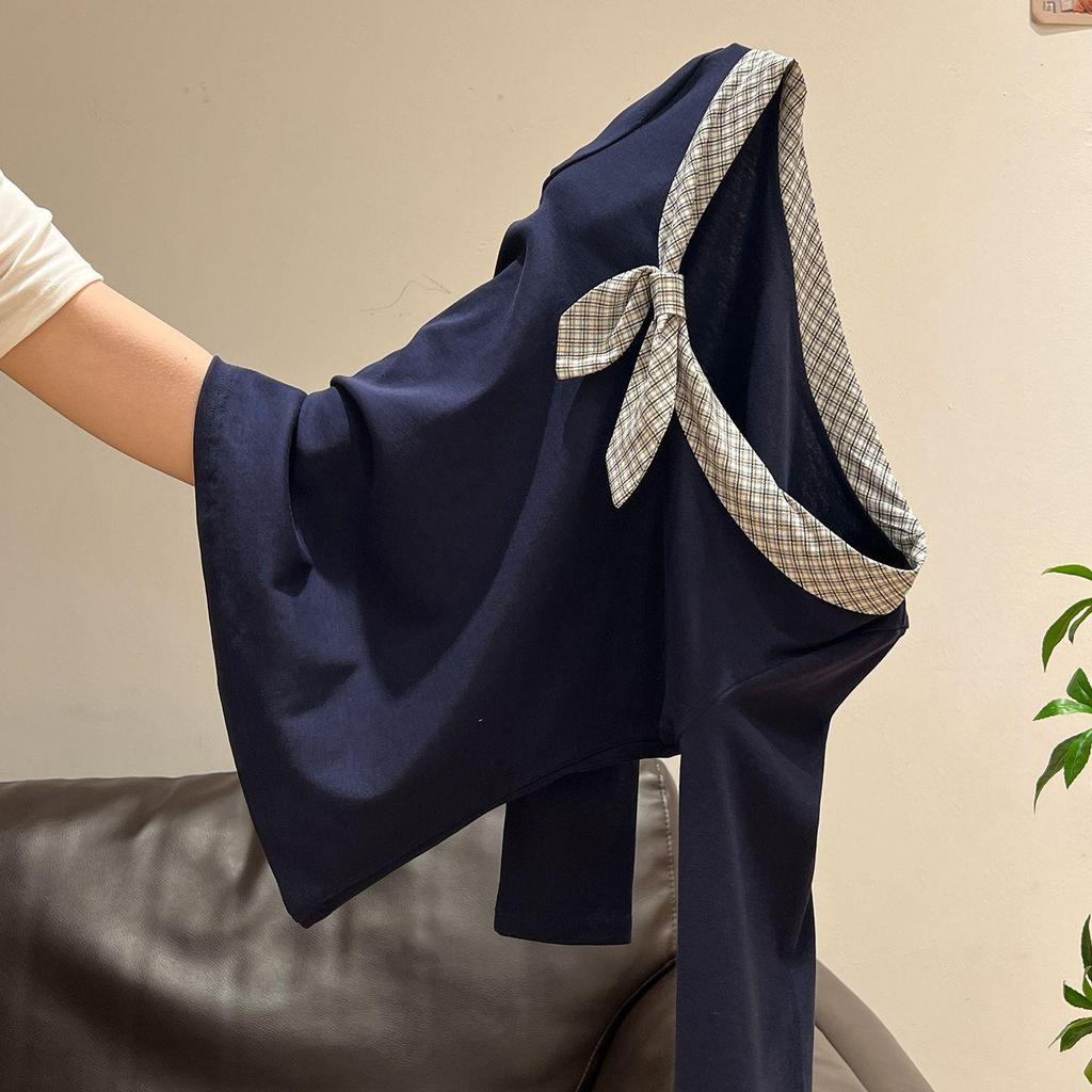 Navy Blue Rabbit Ear Tie Long Sleeve T-Shirt for Female Students - Versatile Early Autumn Uniform Top