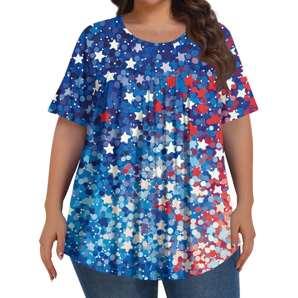 Damenmode, Übergröße, lässig, kurzärmliges Oberteil mit Rundhalsausschnitt und Falten vorne zum Unabhängigkeitstag-Aufdruck