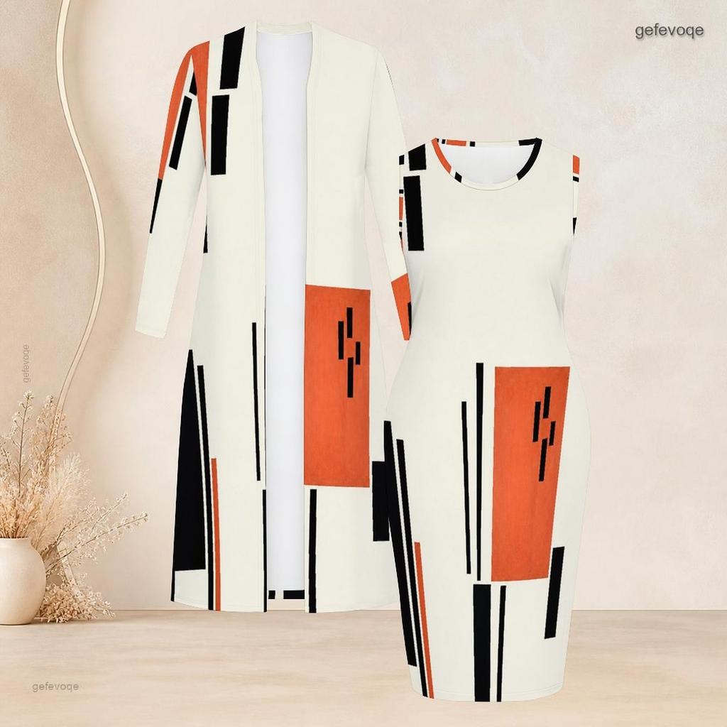 Women Plus Size Printed Two Piece Set Long Sleeve Open Front Long Cardigan Sleeveless Bodycon Dress