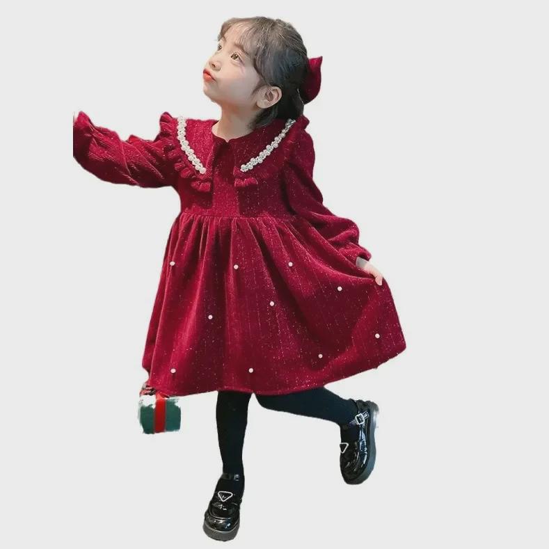 "2024 Neues rotes Samt-Perlenkleid für Mädchen - Herbst/Winter-Kollektion"