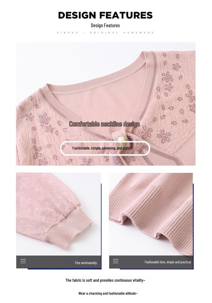 Spring V-neck Knit Top with Gauze Sleeves for Middle-aged and Elderly Women, Long-sleeved, Stylish, Age-Reducing Base Layer Set