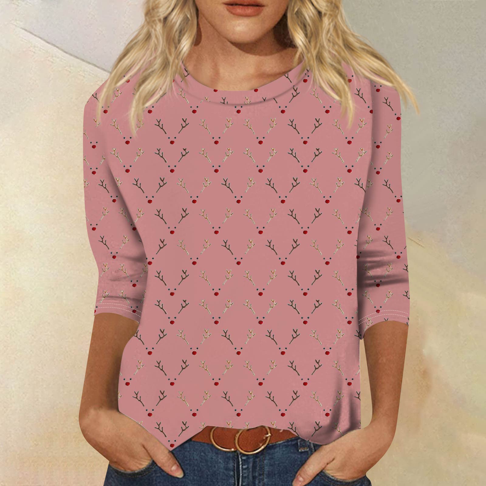 

Жіночий Модний Повсякденний Топ з Круглим Вирізом та Рукавом Три Чверті з Принтом на Хелловін XXL рожевий