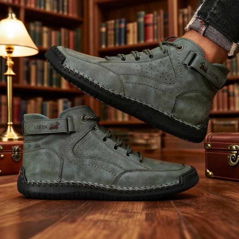 Retro Handmade Stitched Men's High-Top Leather Boots Buckle Strap Casual Shoes  New Comfortable Non-Slip Flat Luxury Shoes