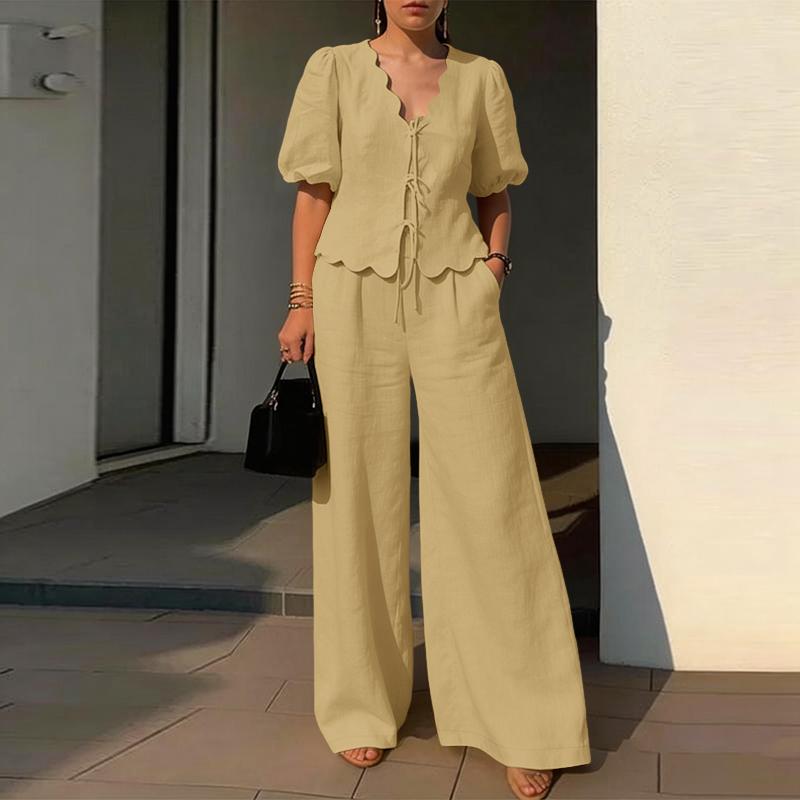 ZANZEA Women Short Sleeve Blouse and Long Pants Summer Two Piece Suit Sets S хаки