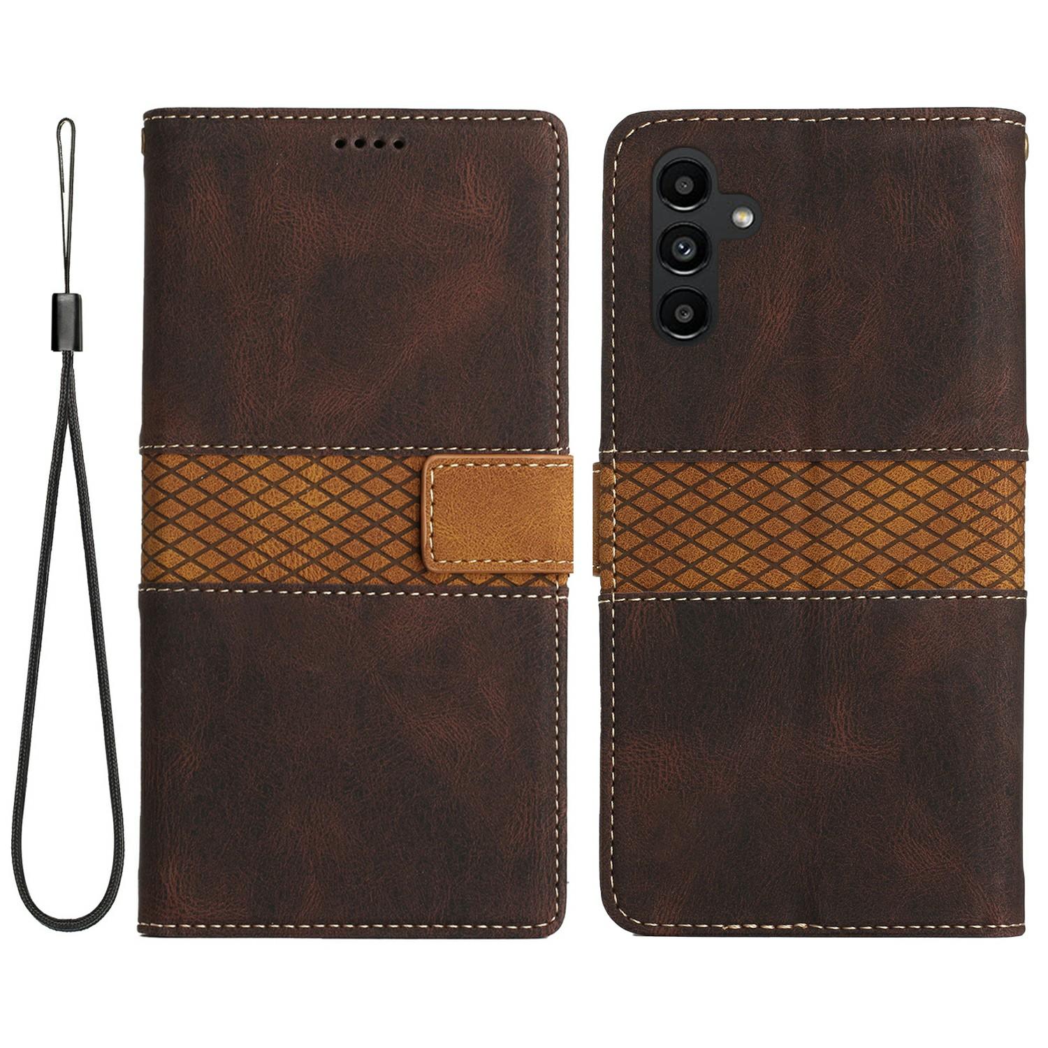 

For Samsung Galaxy A16 5G/A16 4G Leather Case Grid Splicing Stand Wallet Phone Cover Brown