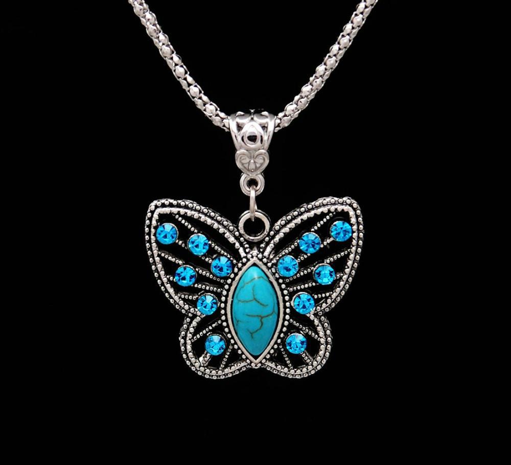 Retro Turquoise Butterfly Pendant Necklace - Bohemian Fashion Sweater Chain