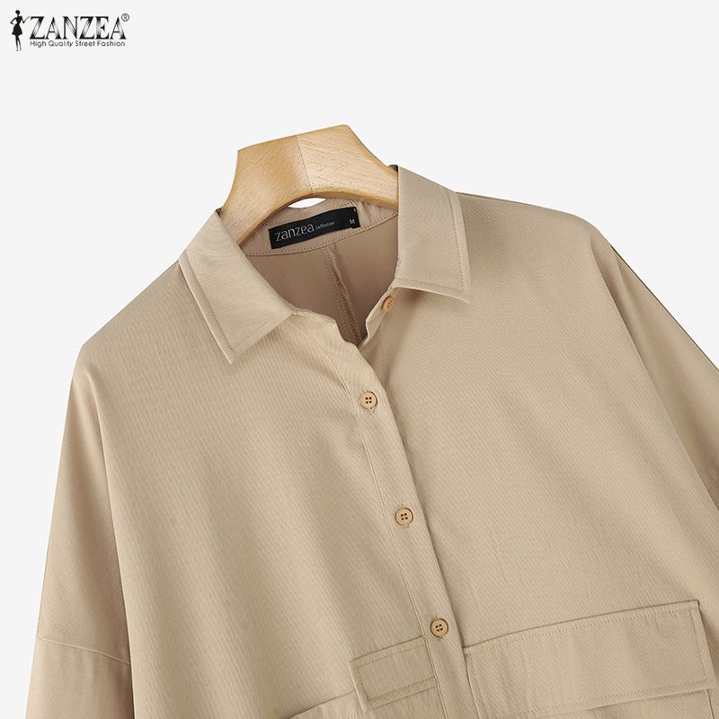 ZANZEA Oversized Women Turn Down Collar Long Sleeve Solid Casual Blouse Shirts