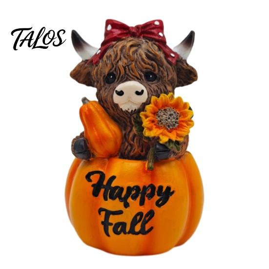 Autumn Theme Room Accessories Highland Cow Pumpkin Ornament, Resin Desktop Figurine Decorations, Creative Harvest Decor Table Centerpiece for