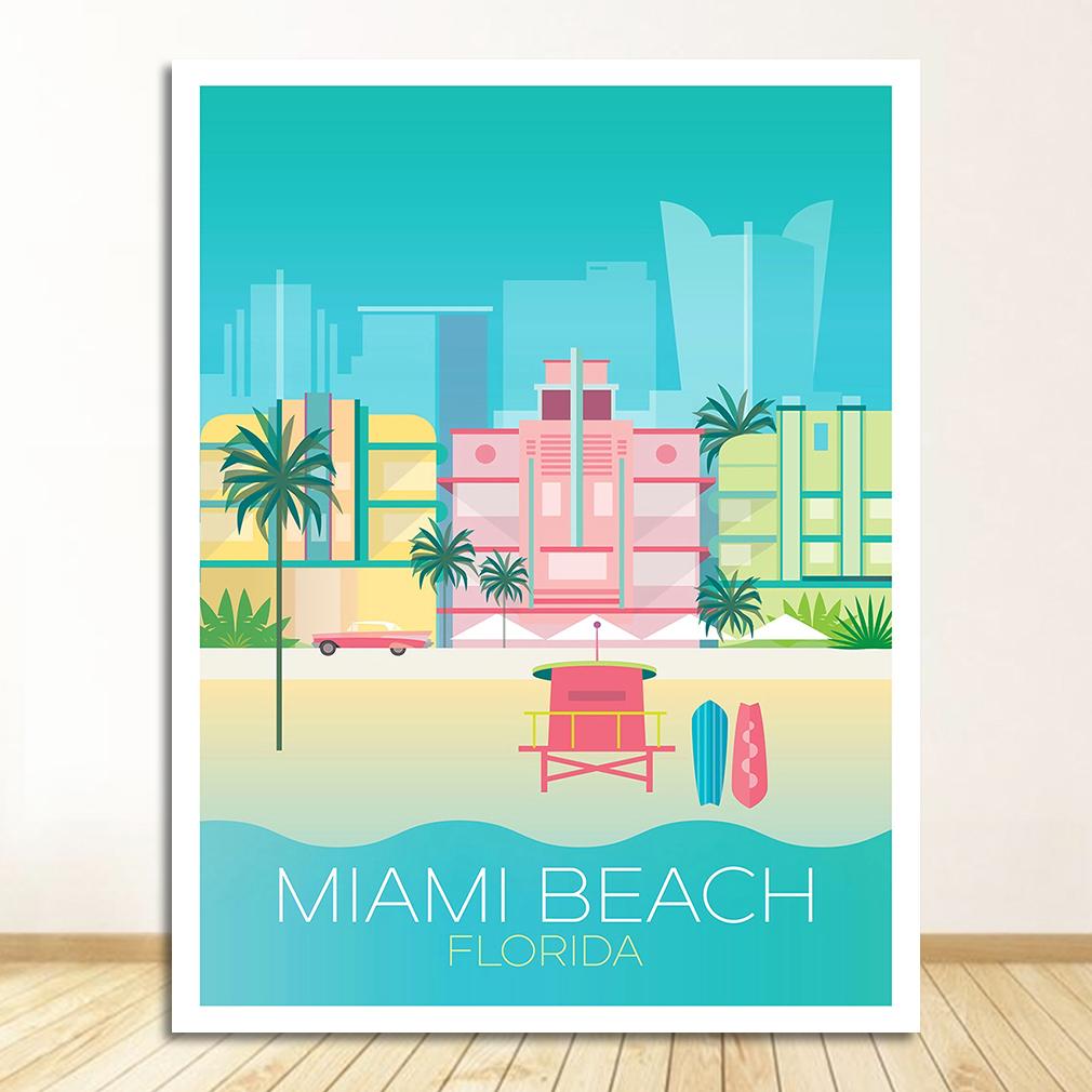 Travel Canvas Paintings Vintage Wall Kraft Posters Coated Stickers Home Decor Pictures Florida Miami Beach America