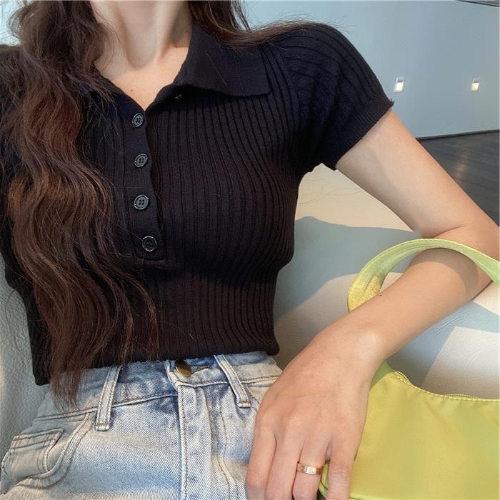Summer Slim Thin Short Section Top Retro Small Lapel Short-sleeved Knit T-shirt Female Casual Essential Comfort Style Slim Fit Pullovers Tees