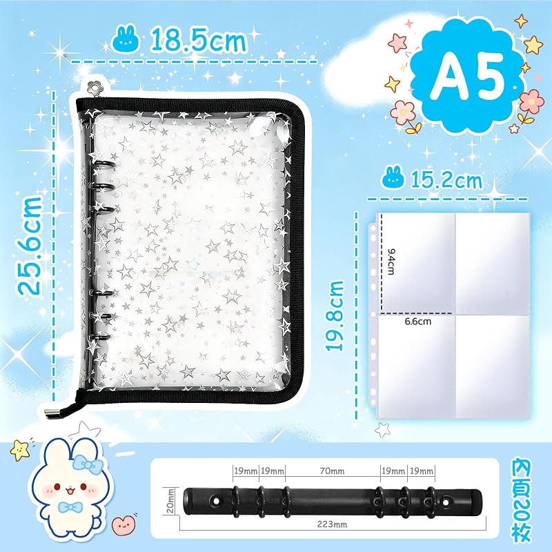 Large Sticker Album, A5 Size, Transparent, 6-Ring Binder with Zipper, 20 Pockets, Star Pattern, Glitter, Large Sticker Album for Girls, Sticker Diary,