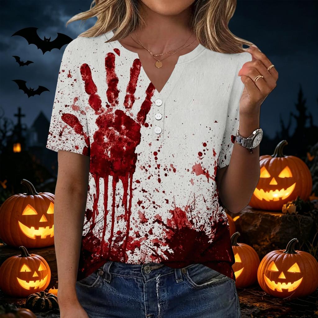 Women's Casual Halloween Print V Neck Button Front Three Quarter Sleeve T Shirt Top Lightweight Soft Fabric Comfortable Fit