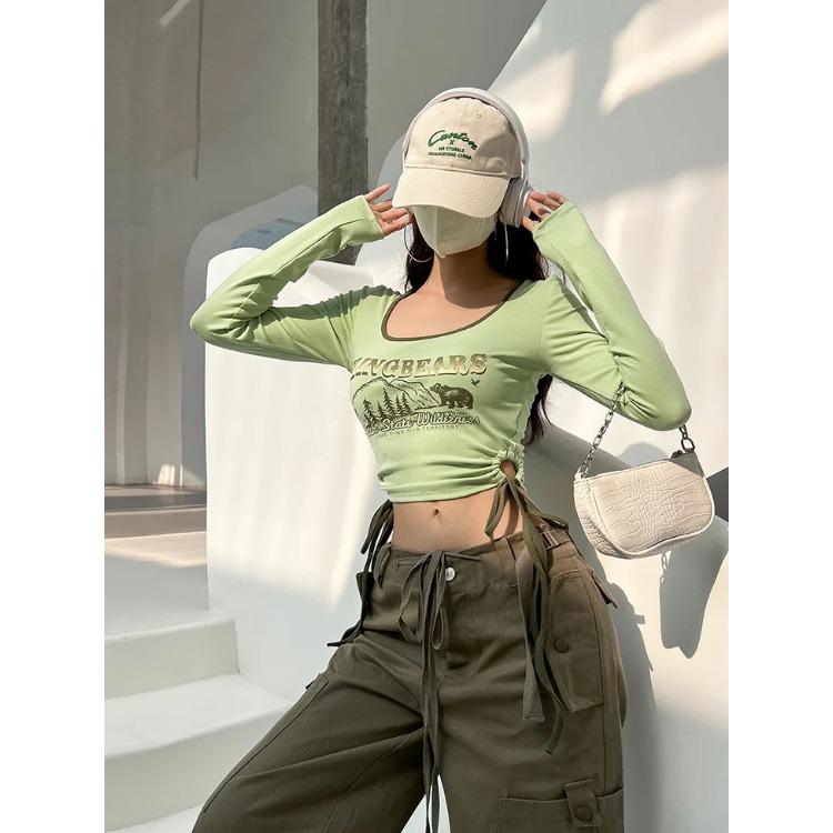 Print Long Sleeve Tshirts Women Long Sleeve Tunic Summer Tees Crop Tops Bandage Fashion Sexy Y2k T Shirts
