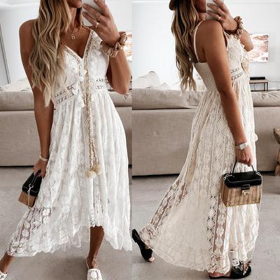 Summer Lace Dress Elegant Lady Holiday V Neck Spaghetti Strap Sundress Boho White Maxi Dress For Women Vestidos De Mujer