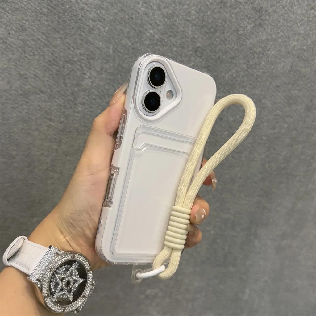 Wrist Strap Card Slot Po Clip Soft Shockproof Case For iPhone 17 16 15 14 Plus 13 12 Pro Max 11 Candy Color Lanyard Cover