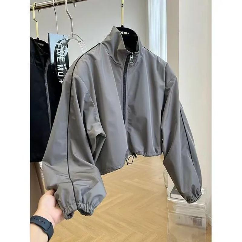 Women's Oversized Cropped Windbreaker Jacket Casual Half-Zip Stand Collar Loose Fit Short Coat