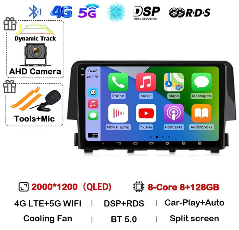 Android 14 Wireless Carplay Auto For Honda Civic 2016 2017 2018 2019 2020 Car Radio Stereo Multimedia Player GPS 4G+WIFI DSP