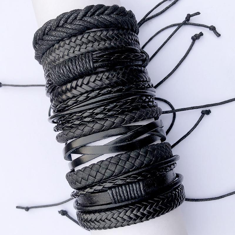 

10-Piece Black Leather Woven Bracelet Set - European & American Motorcycle Style, Multi-layer Design