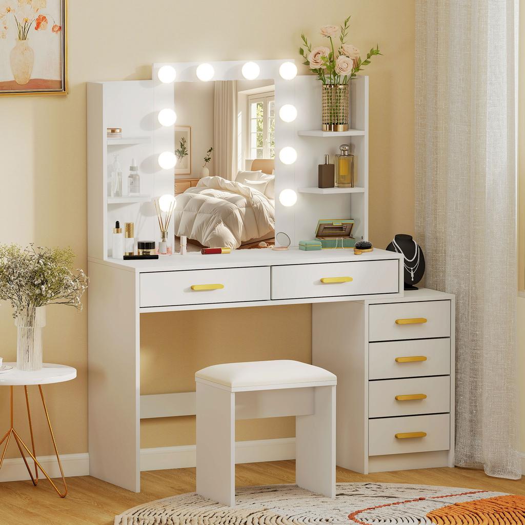 Vanity Table with Illuminated Mirror and Padded Stool, Vanity Set with 6 Drawers and Shelves, White