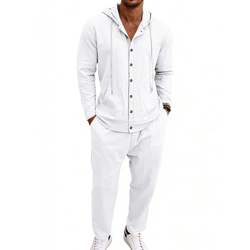Men's Hooded Linen Shirt and Pants Set - European Casual Style