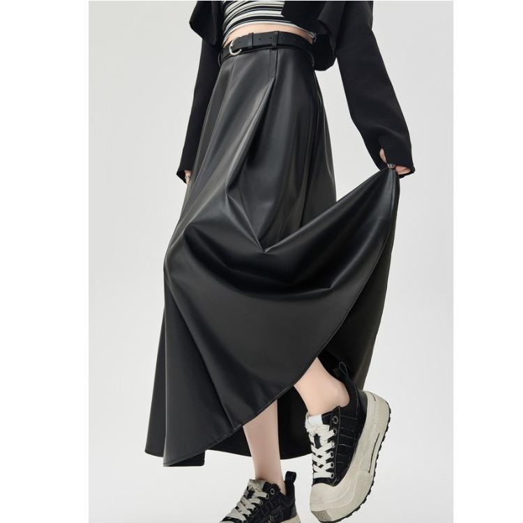 Winter Women PU Leather Skirt Long Pleated High Waist A Line Fashion Clothes