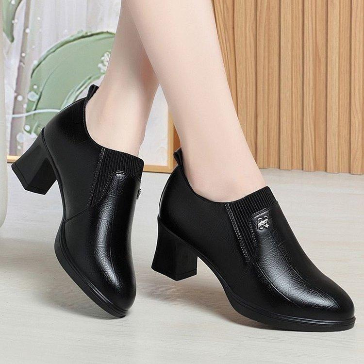 Soft leather mother thick heel leather shoes burgundy deep mouth single shoes 2025 autumn new fashion women's leather shoes middle-aged women's shoes